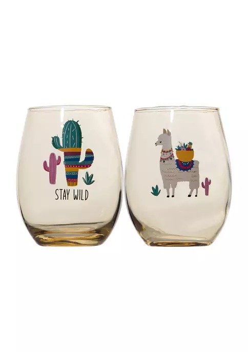 Set of 2 Stemless Wine Glasses - Llama and Stay Wild