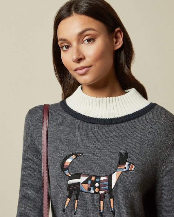 BLUELA Wool dog motif sweater