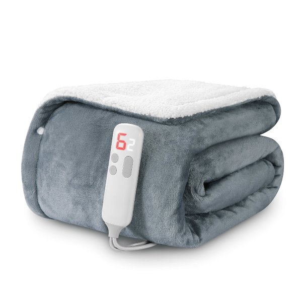 50" x 60" Electric Heated Blanket with 6 Heating Levels & 1-5H Auto-off, Machine Washable Flannel & Sherpa, Gray & White