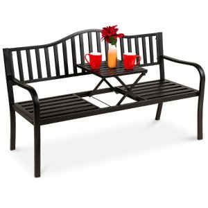 Best Choice Products Steel Bench for Outdoor Patio and Garden w/ Pullout Middle Table