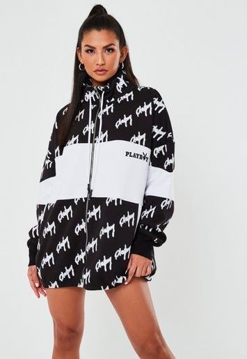 - Playboy xBlack Repeat Print Zip Through Oversized Sweatshirt
