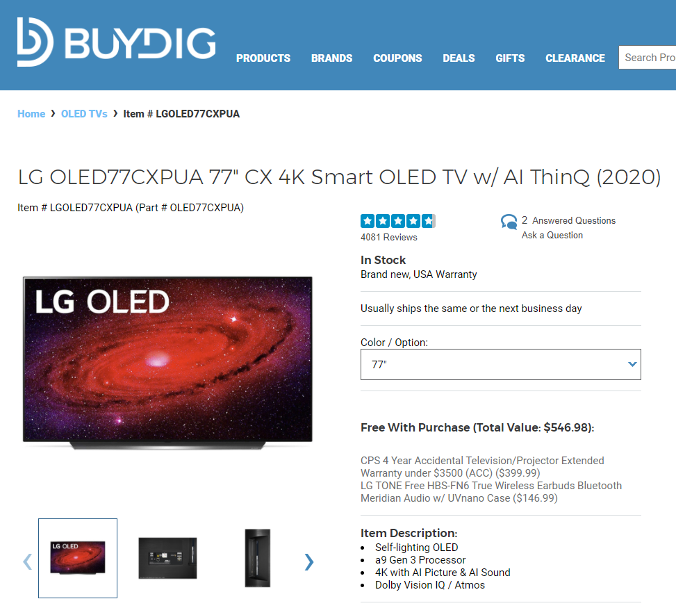 LG CX 77" OLED77CXPUA  4K OLED 电视 + 4年burn in保险 + LG蓝牙耳机（7/23 12am开始）