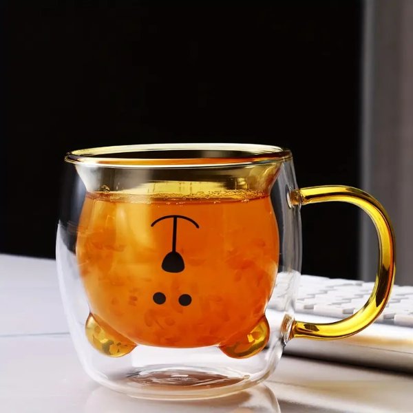 1pc, Cartoon Bear Glass Coffee Mug With Handle, 8.45oz Double-Walled Espresso Coffee Cups, Cute Kawaii Heat Insulated Water Cups, Summer Winter Drinkware, Birthday Gifts