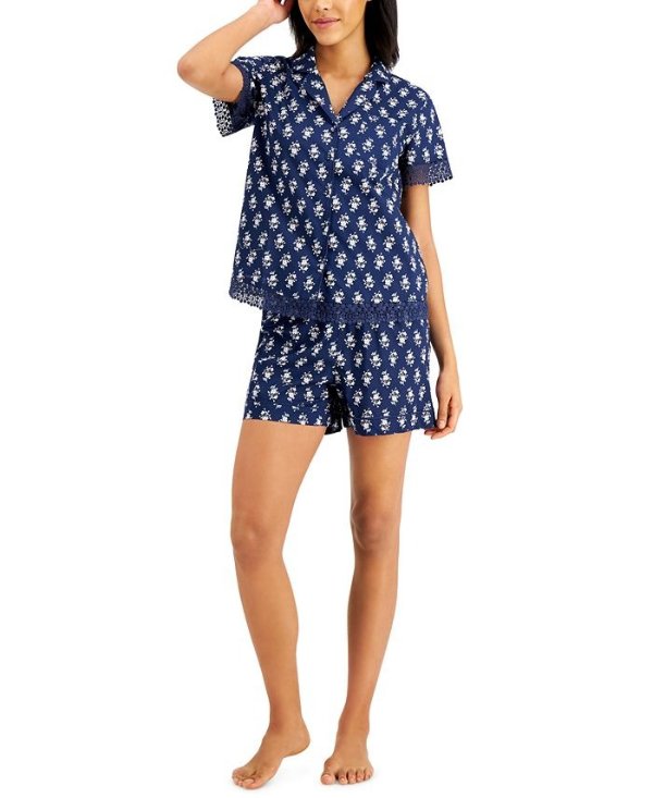 Notched Collar Cotton Pajama Shorts Set, Created for Macy's