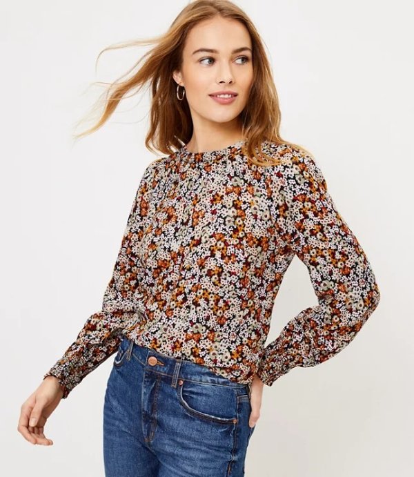 Floral Smocked Cuff Blouse | LOFT