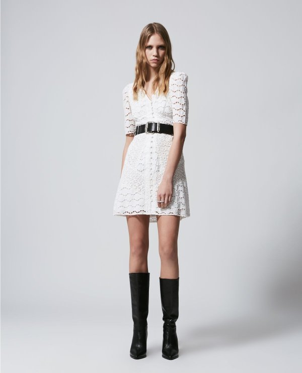 Ecru short lace dress with buttons