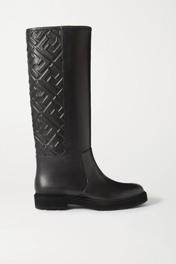 Logo-embossed leather knee boots