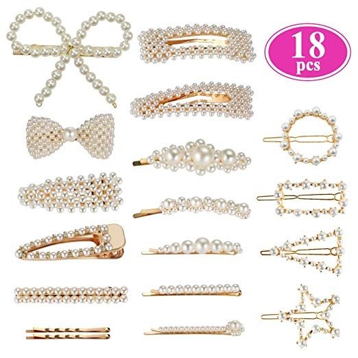 Pearl Hair Barrettes for Women Girls, Funtopia 18pcs Fashion Sweet Artificial Pearl Hair Clips Geometric Barrette Decorative Bobby Pins Bow Alligator Clips for Party Wedding Daily, Applies to Bun Updo