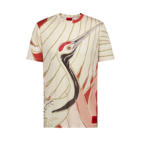- Mercerised Cotton T Shirt With Japanese Crane Print