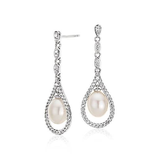 Vintage-Inspired Freshwater Cultured Pearl and White Topaz Drop Earrings in Sterling Silver (6-7mm) | Blue Nile