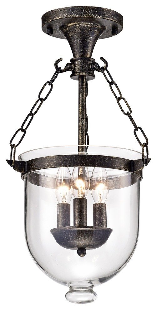 Belita 3 Light Glass Lantern Semi Flush Mount Chandelier, Antique Bronze