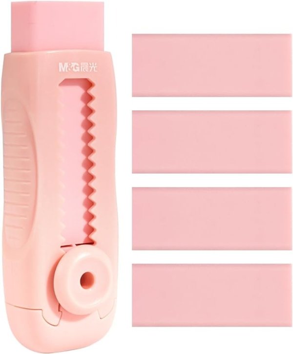 M&G 4+1 Pack Eraser Sliding Retractable Eraser, Soft Pink Color Cute Erasers Push Pull Eraser with Plastic Sleeve and 4 Refill Eraser for Students Kids, School Office Home Supplies (Pink)