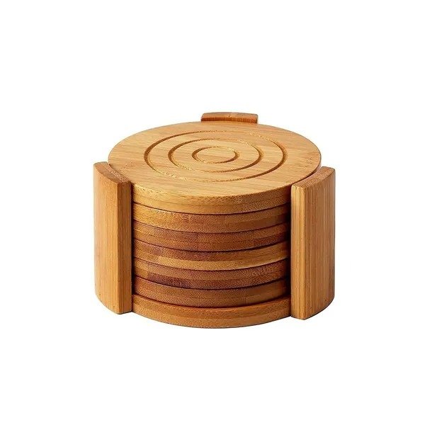 6-Pack Set Bamboo Wooden Coaster with Holder, Round Cup Coasters, Tan, 4.3"