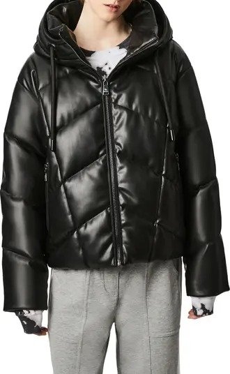 Faux Leather Hooded Puffer Coat