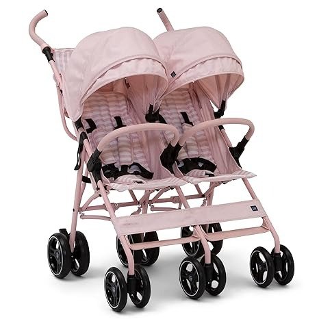 GAP babyGap Classic Side-by-Side Double Stroller - Lightweight Double Stroller with Recline, Extendable Sun Visors & Compact Fold - Made with Sustainable Materials, Pink Stripes