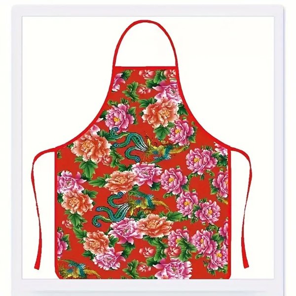 1pc, Kitchen Apron, Chinese Northeast Big Flower Pattern Cooking Apron, Colorful Printed Waist Apron, Fashion Housework Kitchen Household Workwear, Kitchen Supplies