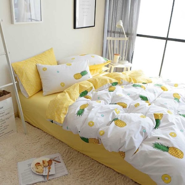 100% Cotton Soft Duvet Cover Set Yellow Fruits Printed Boys Girls Bedding Set Pineapple with 2 Pillow Cases Queen 【No Comforter】