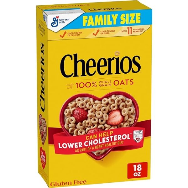 Original Cheerios Heart Healthy Cereal, Gluten Free Cereal with Whole Grain Oats, Family Size, 18 Ounce (Pack of 1)