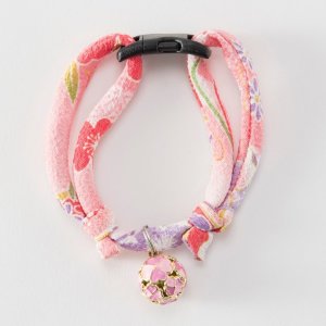 Chirimen Cat Collar with Clover Bell (Pastel Pink)