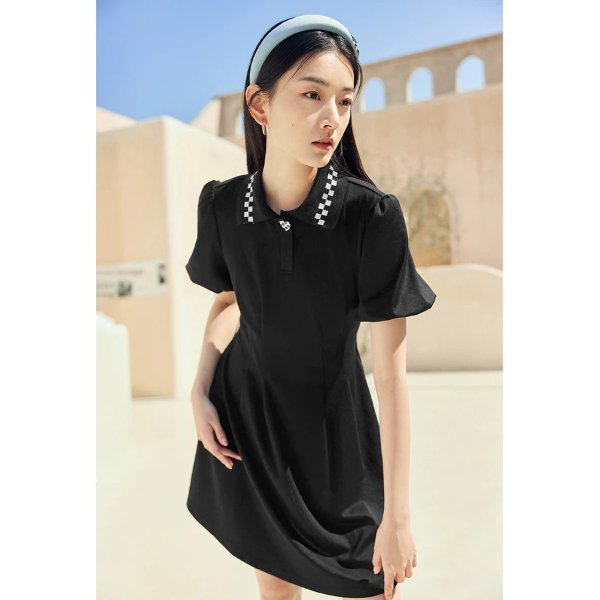 Peacebird Collared Mini Dress| Checkered Dress| Cinched Waist Dress | Black A Line Dress