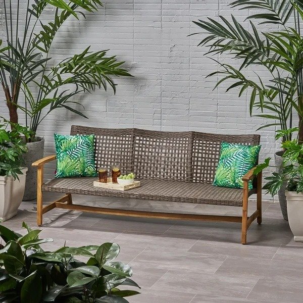 Hampton Outdoor Wood and Wicker Sofa by Christopher Knight Home - mix mocha, natural stained finish