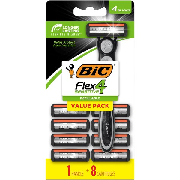 BIC Flex 4 Refillable Razors for Men, Long-Lasting 4 Blade Disposable Razors for Sensitive Skin, 1 Handle and 8 Cartridges, 9 Piece Shaving Kit