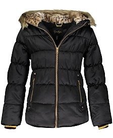Big Girls Hooded Puffer Jacket With Faux-Fur Trim & Hat