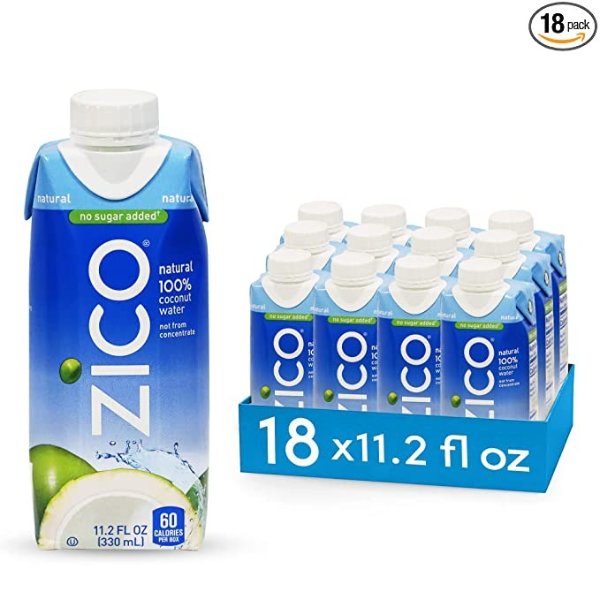 ZICO 100% Coconut Water Drink - 18 Pack, Natural Flavored - No Sugar Added, Gluten-Free - 330ml / 11.2 Fl Oz - Supports Hydration with Five Naturally Occurring Electrolytes - Not from Concentrate