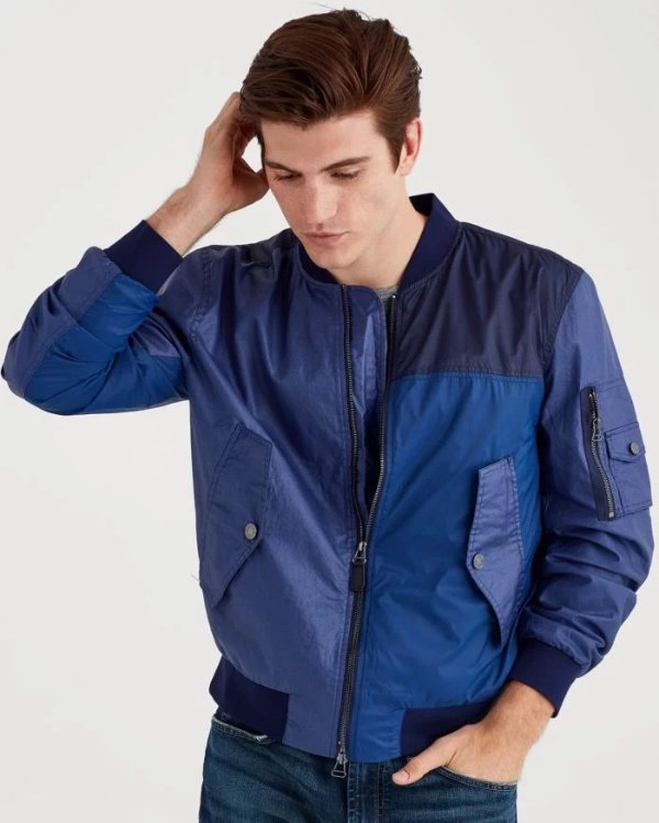 Mixed Media Bomber in Patchwork Blue