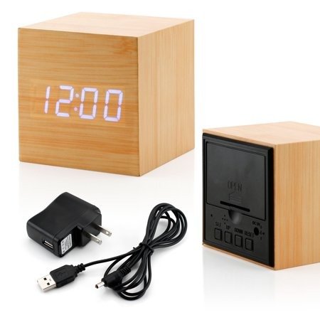 Ultra Modern Wooden LED Clock Square Cube Digital Alarm Thermometer Timer Calendar Updated 2016 Brighter Stylish Wood Clock