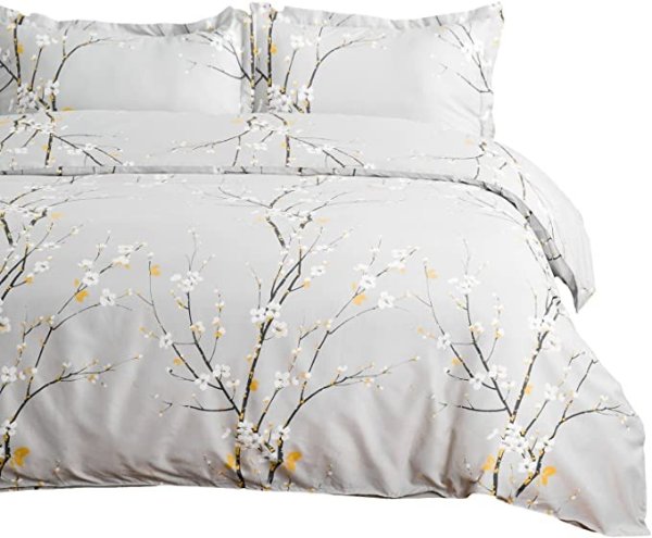 Duvet Cover Set Twin Light Grey Printed Spring Bloom Pattern (68x90 inches) 2 Pieces Comforter Cover Zipper Closure (1 Duvet Cover + 1 Pillow Sham) Ultra Soft Hypoallergenic Microfiber