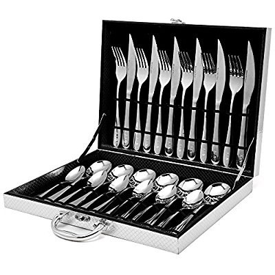 GYY Flatware Sets, Kitchen Cutlery Set Made of 18/10 Stainless Steel, Tableware Dinnerware Utensil Set with Silvery Gift Box (24 pcs) (24PCs-Silver)