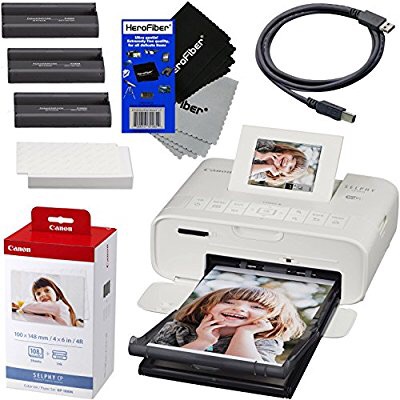 Canon Selphy CP1200 Wireless Color Photo Printer (White) + Canon KP-108IN Color Ink Paper Set (Produces up to 108 of 4 x 6" prints) + USB Printer Cable + 2 HeroFiber Ultra Gentle Cleaning Cloths