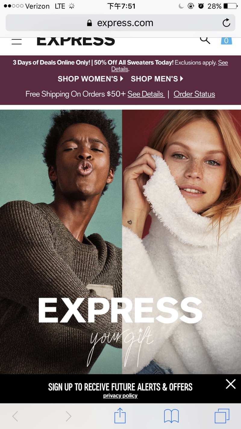 Express 现有 全场男女款毛衣5折热卖。