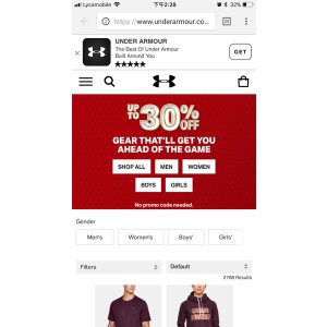 7折起+满$50送$10 Under Armour 鞋履 服饰促销