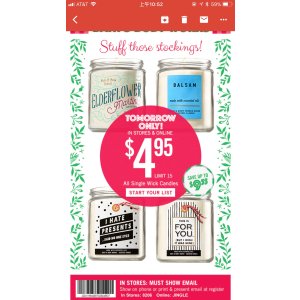 仅需$4.95+ 满$10送礼品 Bath & Body Works: 预告活动 精选单芯蜡烛
