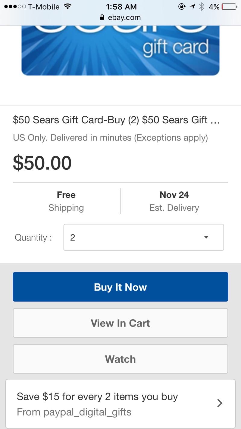 Sears gift card 促销
