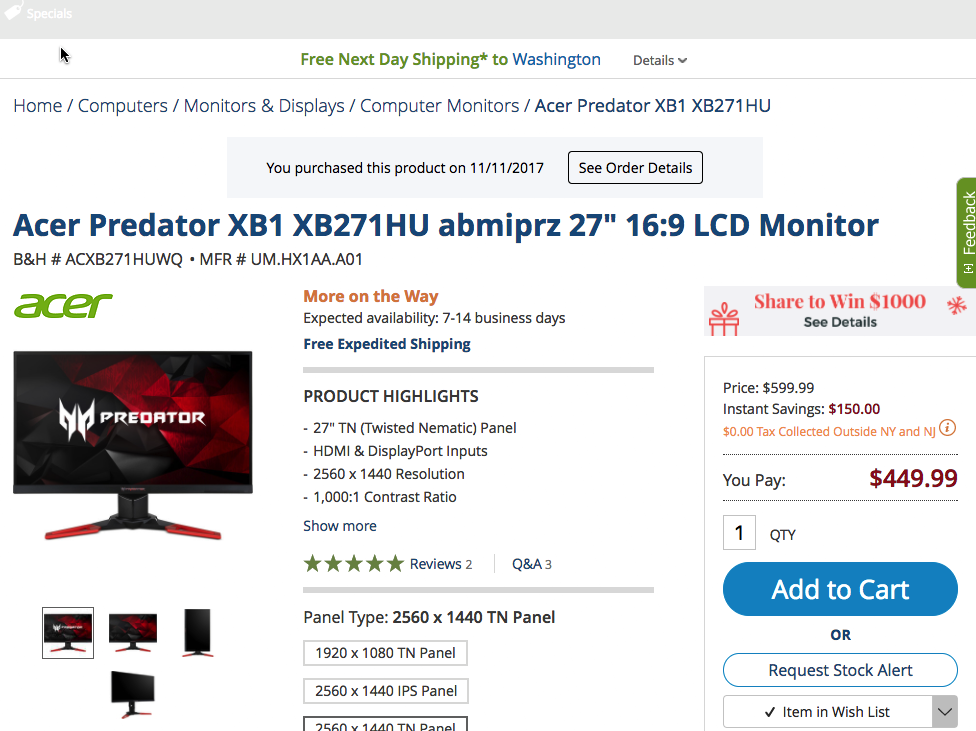 Acer Predator XB1 XB271HU abmiprz 27 16:9 LCD 显示器