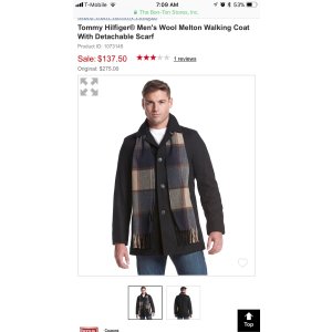 $137.50 Tommy Hilfiger男士羊毛大衣带可拆卸围巾