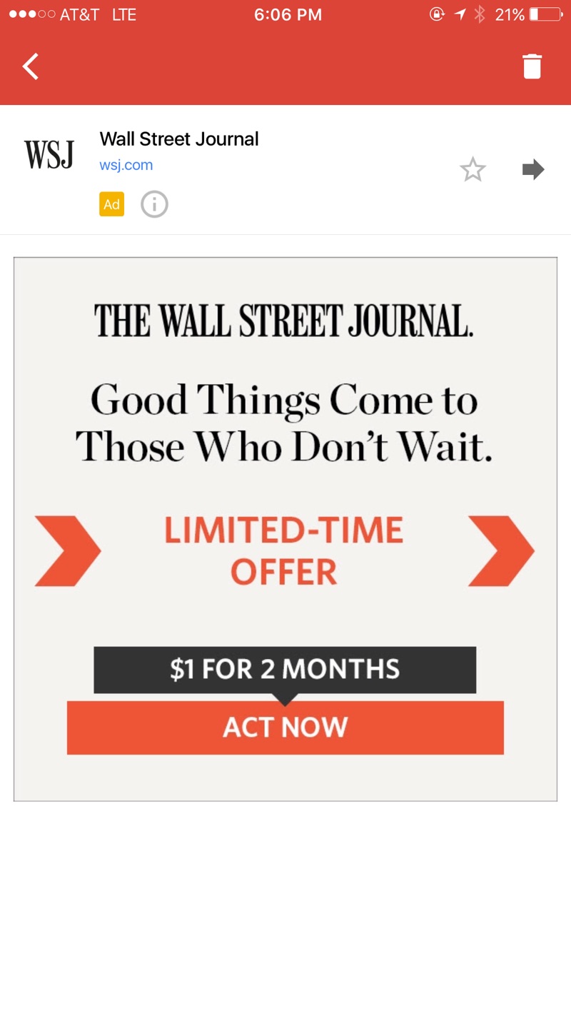 Wall Street Journal两个月特价$1订阅