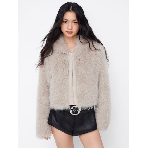 仿皮草连帽拉链外套 长袖