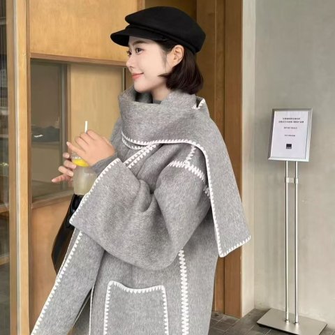 Maje相似款～长款双面围巾大衣