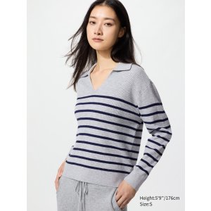 条纹针织翻领毛衣 可水洗