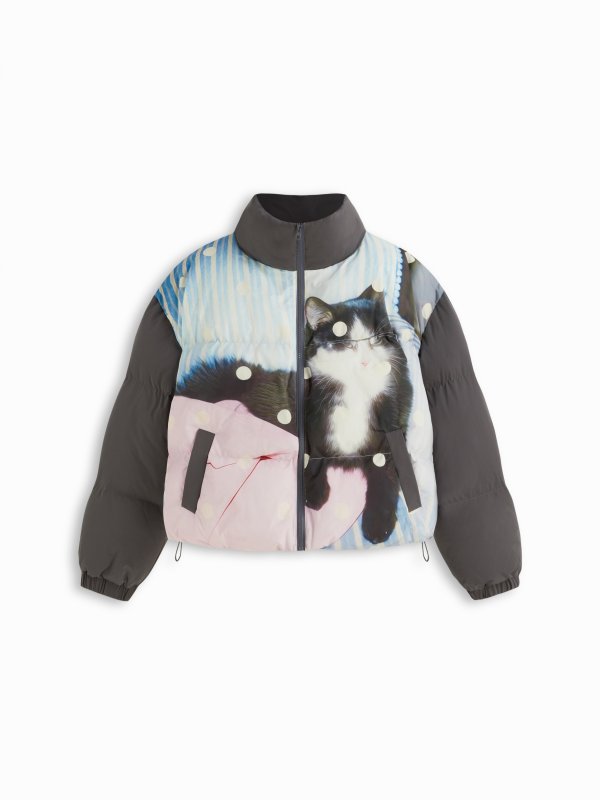 猫图案圆点拉链羽绒服 立领