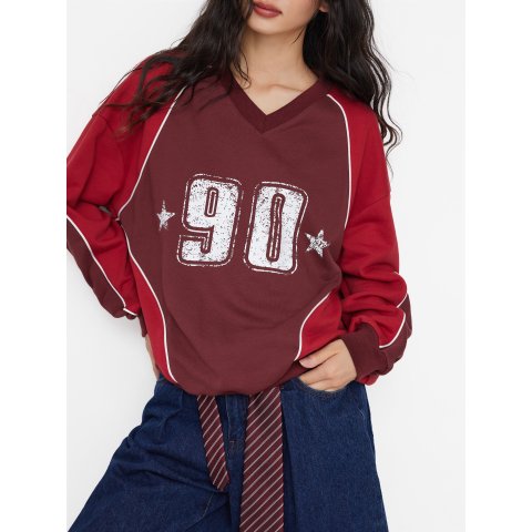 拼接V领90印花宽松卫衣