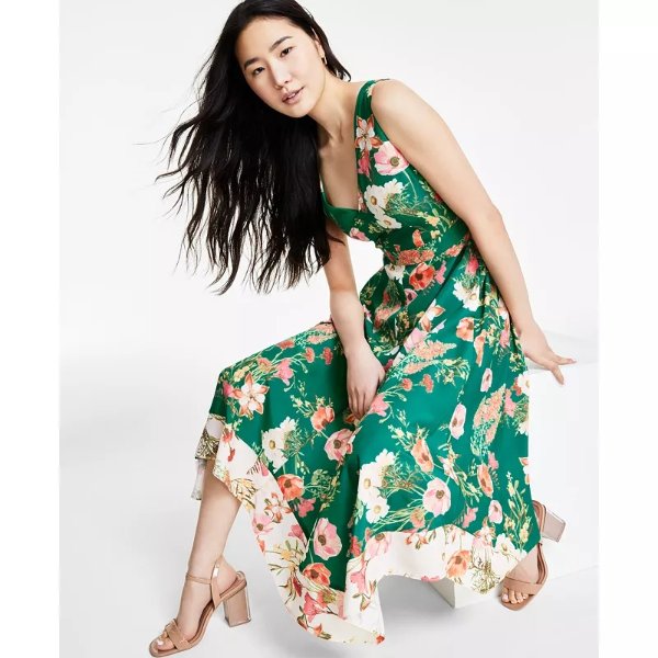 Women's Floral-Print Handkerchief-Hem Midi Dress