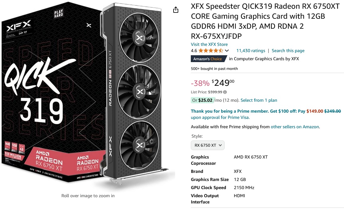 XFX讯景 RX 6750XT 显卡 12GB GDDR6