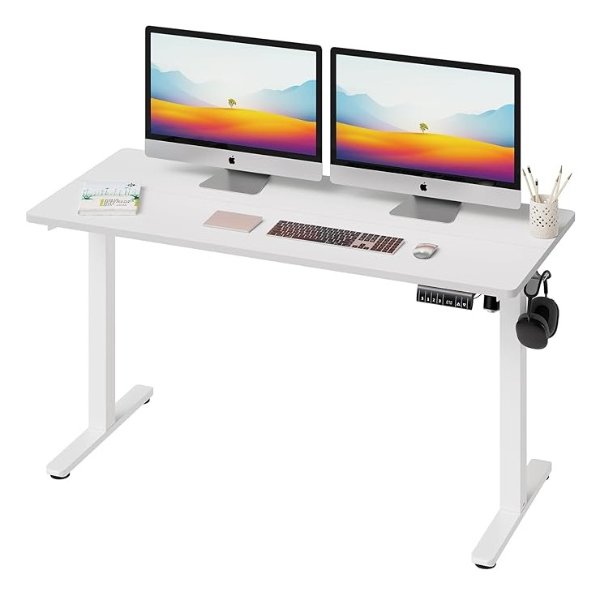 Electric Height Adjustable Standing Desk, 55 * 24 Inchs Stand Up Computer Desk, Sit Stand Work Desk for Home Office with Splice Board, (White Frame + White Top)