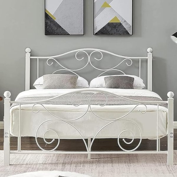Queen Size Bed Frame with Headboard and Footboard, Heavy Duty Metal Slat Support, Platform Mattress Foundation, No Box Spring Needed, Easy Assembly, White