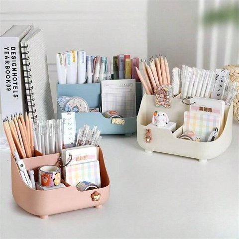 1pc Country Style Large Capacity Desk Organizer Multifunctional Makeup Brush Holder Storage Bucket For Boys & Girls